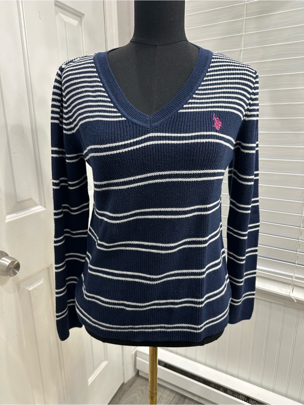 U.S. Polo Assn. Navy & White Striped V-Neck Sweater with Pink Logo